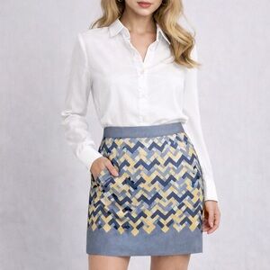 MSSP Stylish Geometric Chevron Pattern Skirt Grey Blue Yellow Gold Lined Skirt